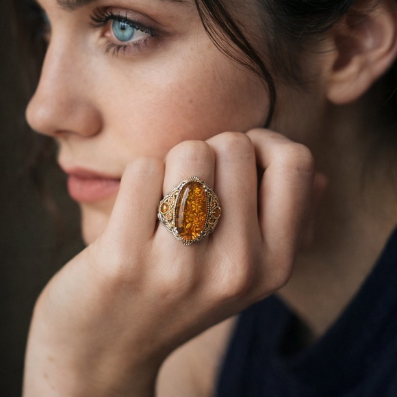 BALTIC AMBER Carved Oval Ring 925 Sterling Silver Statement Ring - Picture 3 of 7